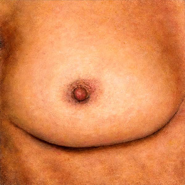 “The Lover” – Panel 5 of Frank Brennan’s photorealistic oil portrait, depicting a close-up of a woman’s breast with natural folds and tones.