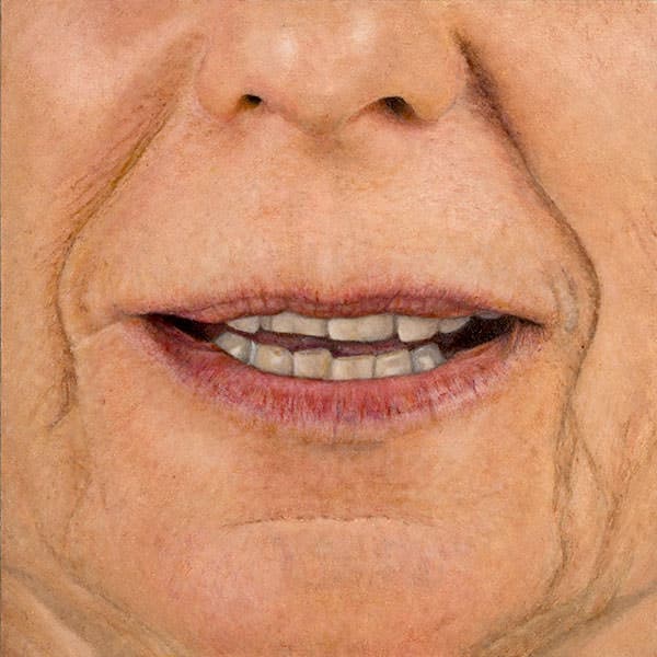 “The Lover” – Panel 3 of Frank Brennan’s photorealistic oil portrait, showing a close-up of a woman’s mouth mid-speech, with softened wrinkles and natural tones.