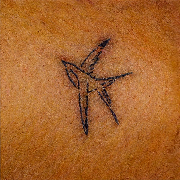 “The Lover” – Panel 7 of Frank Brennan’s photorealistic oil portrait, depicting a swallow tattoo inked on sun-warmed skin.