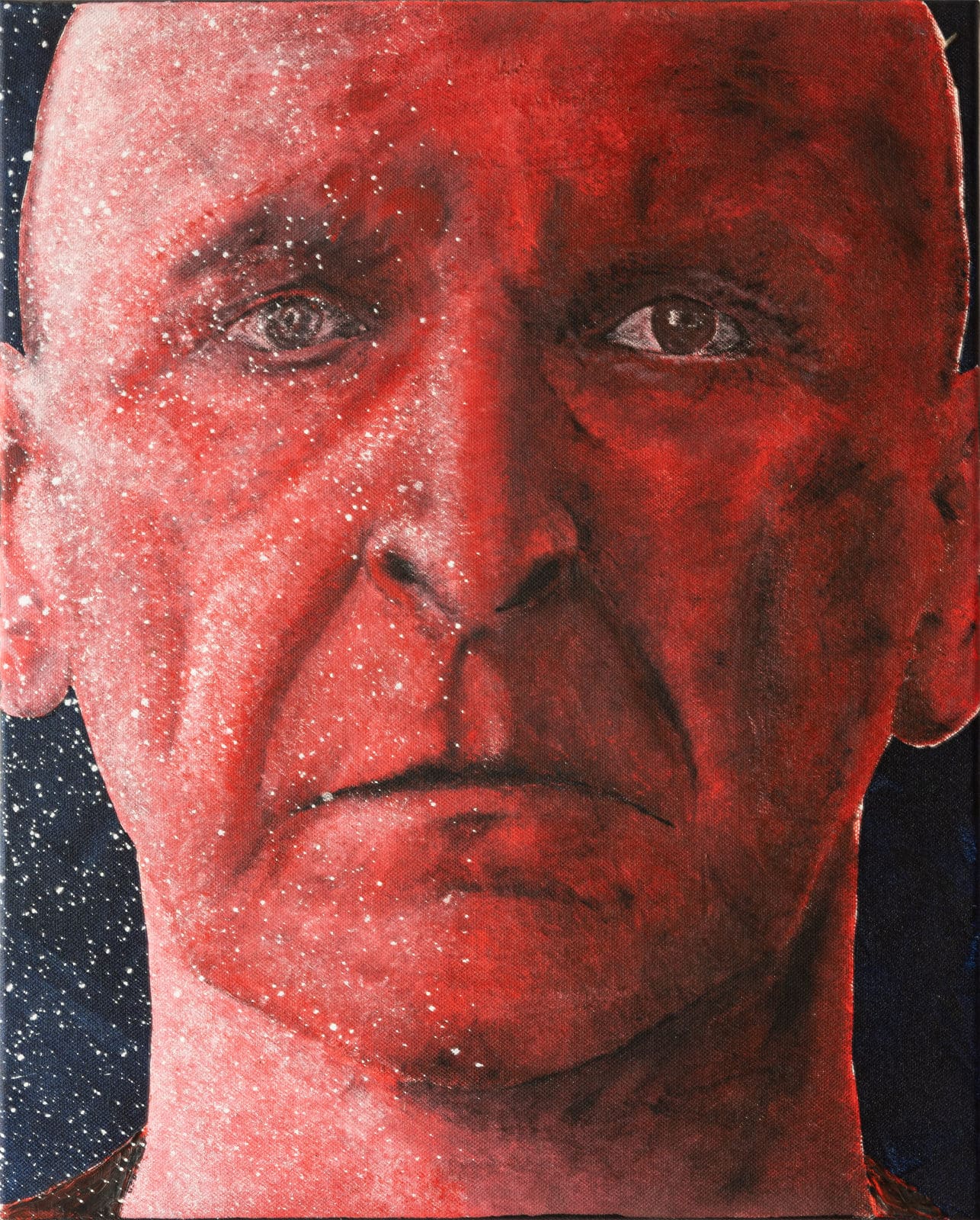 Frank Brennan's "Playing Faust" - Oil on canvas self-portrait in red, inspired by Goethe's Faust and the artist's acting career.