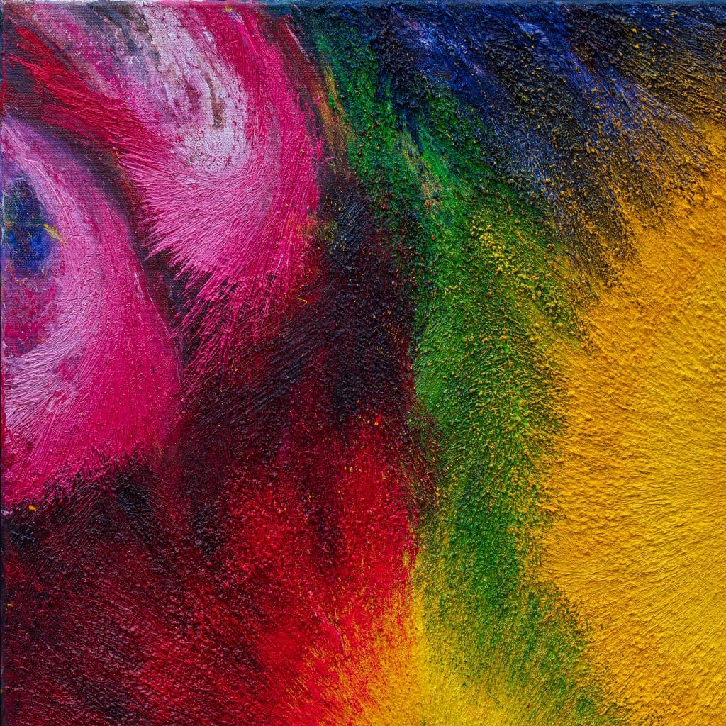 Close-up of pink and magenta swirling brushstrokes from the upper left of Responding to the Darkness Descending – Painting 1. Dynamic, gestural marks in oil.