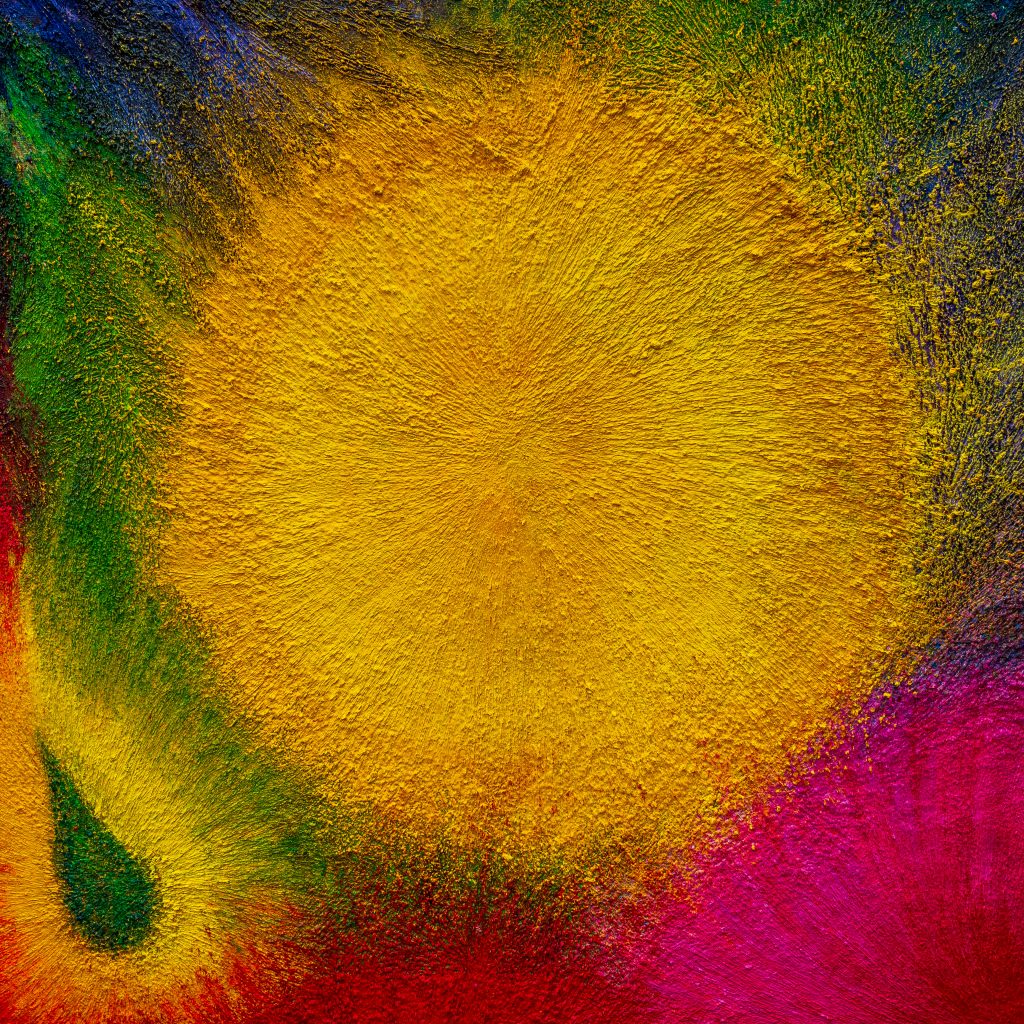 Close-up of the central yellow disc from Responding to the Darkness Descending – Painting 1 by Frank Brennan. Thick, textured brushwork radiates outwards in gold and ochre.