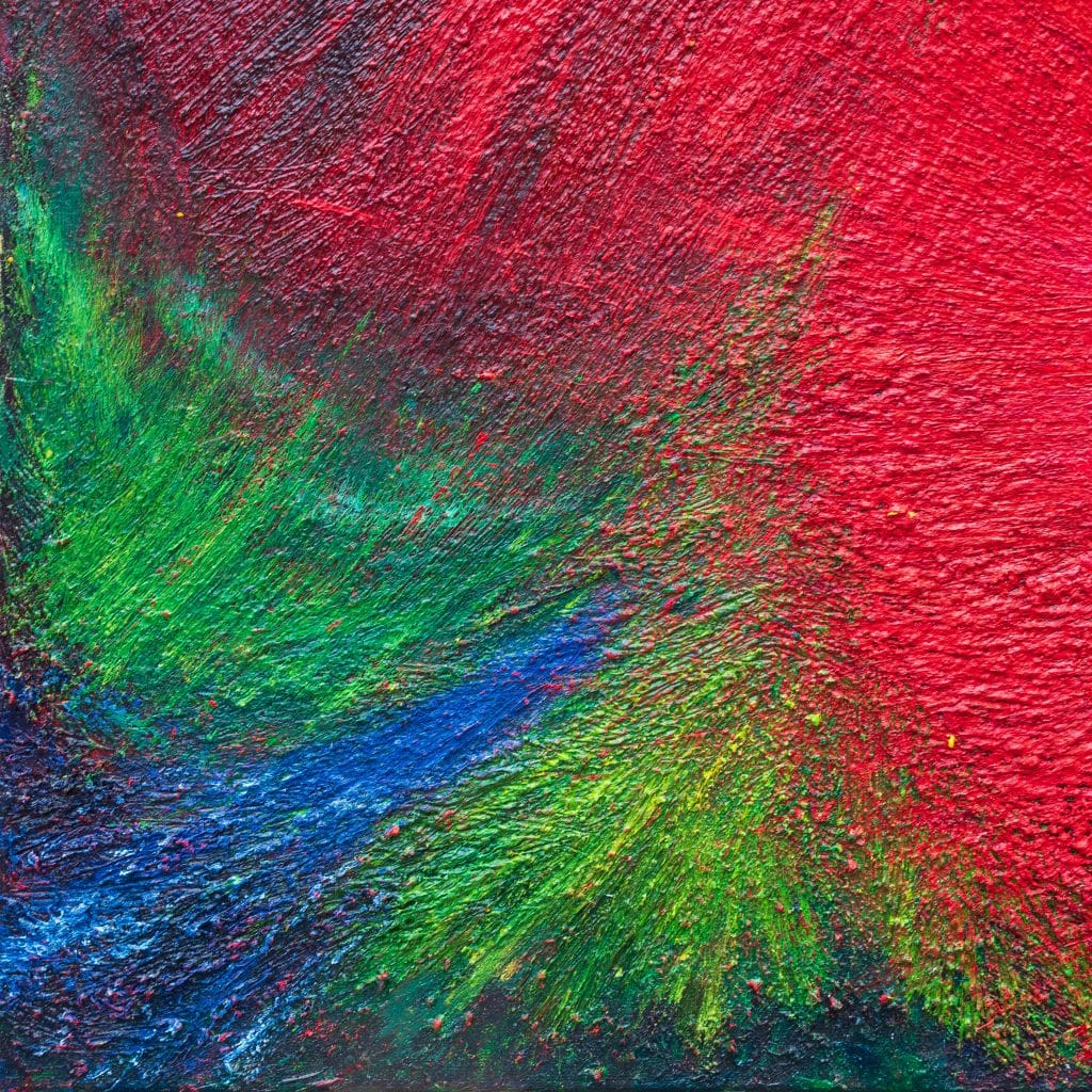 Close-up of the lower left area of Responding to the Darkness Descending – Painting 1, showing energetic green and blue brushwork rising beneath a field of red.
