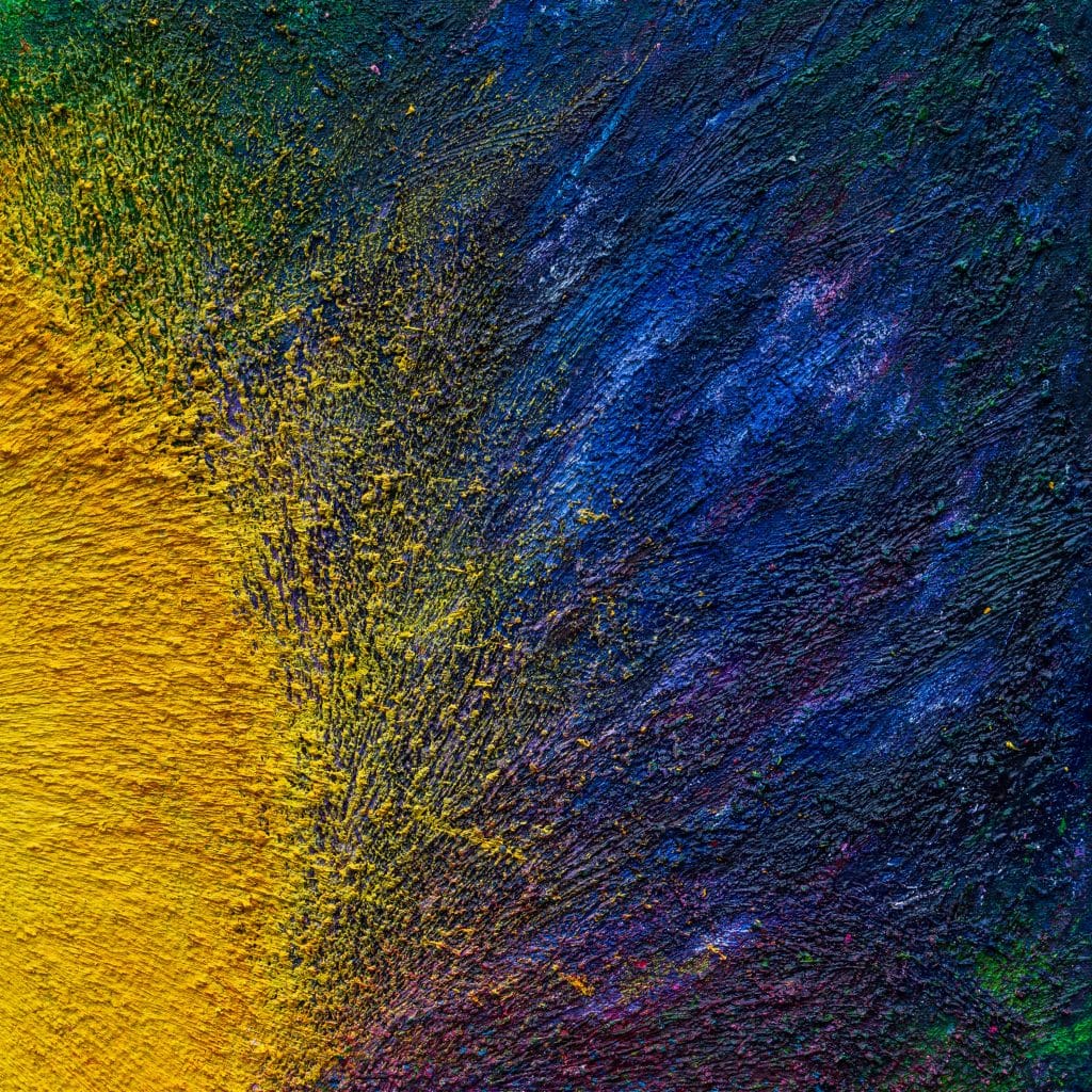 Close-up detail from Responding to the Darkness Descending – Painting 1 by Frank Brennan, where the yellow core meets deep blue and purple shadow, heavily textured in oil.