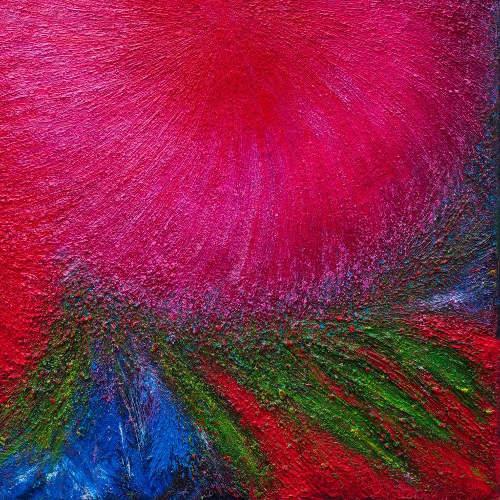 Close-up of the lower right quadrant from Responding to the Darkness Descending – Painting 1 by Frank Brennan. Textured pink and red circular energy radiates above a surge of green and blue brushwork.