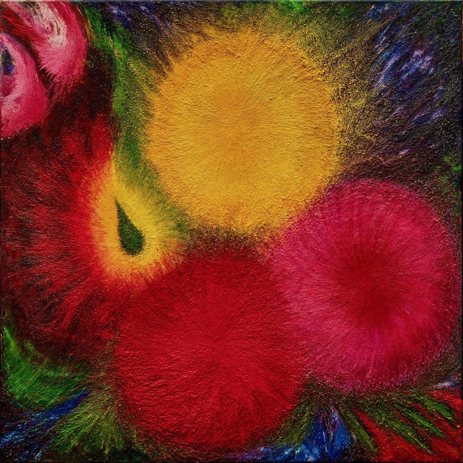 Frank Brennan, Responding to the Darkness Descending – Painting 1, oil on canvas, 100 x 100 cm. An abstract composition of pulsing, concentric forms in red, yellow, pink, and green.