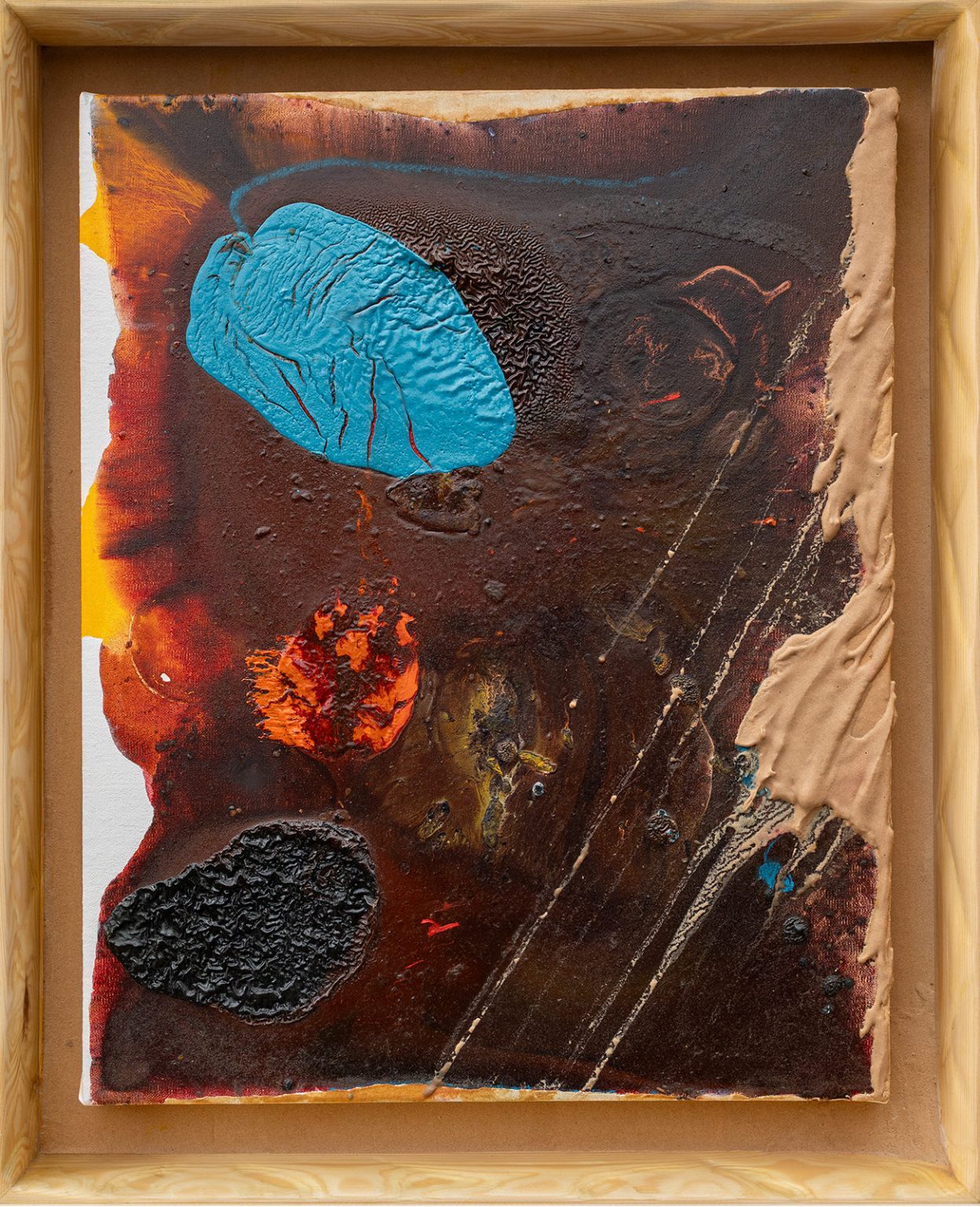 Frank Brennan, Tethys – When the Sahara Was Sea, oil and Sahara sand on canvas in a natural wood frame, 2024. Abstract textured composition with turquoise, orange, black, and ochre forms against a deep earthy background.