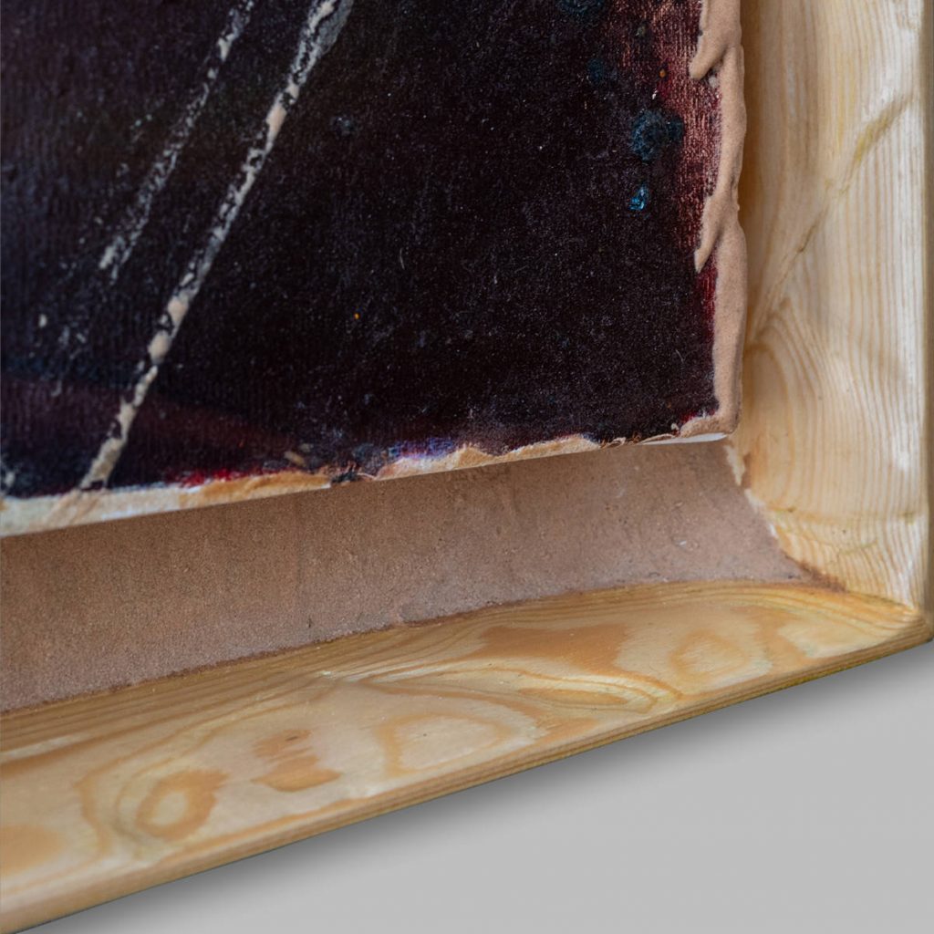 Interior corner of the bespoke wooden frame for Tethys – When the Sahara Was Sea, showing raw pine grain, deep brown canvas edge, and subtle paint traces.