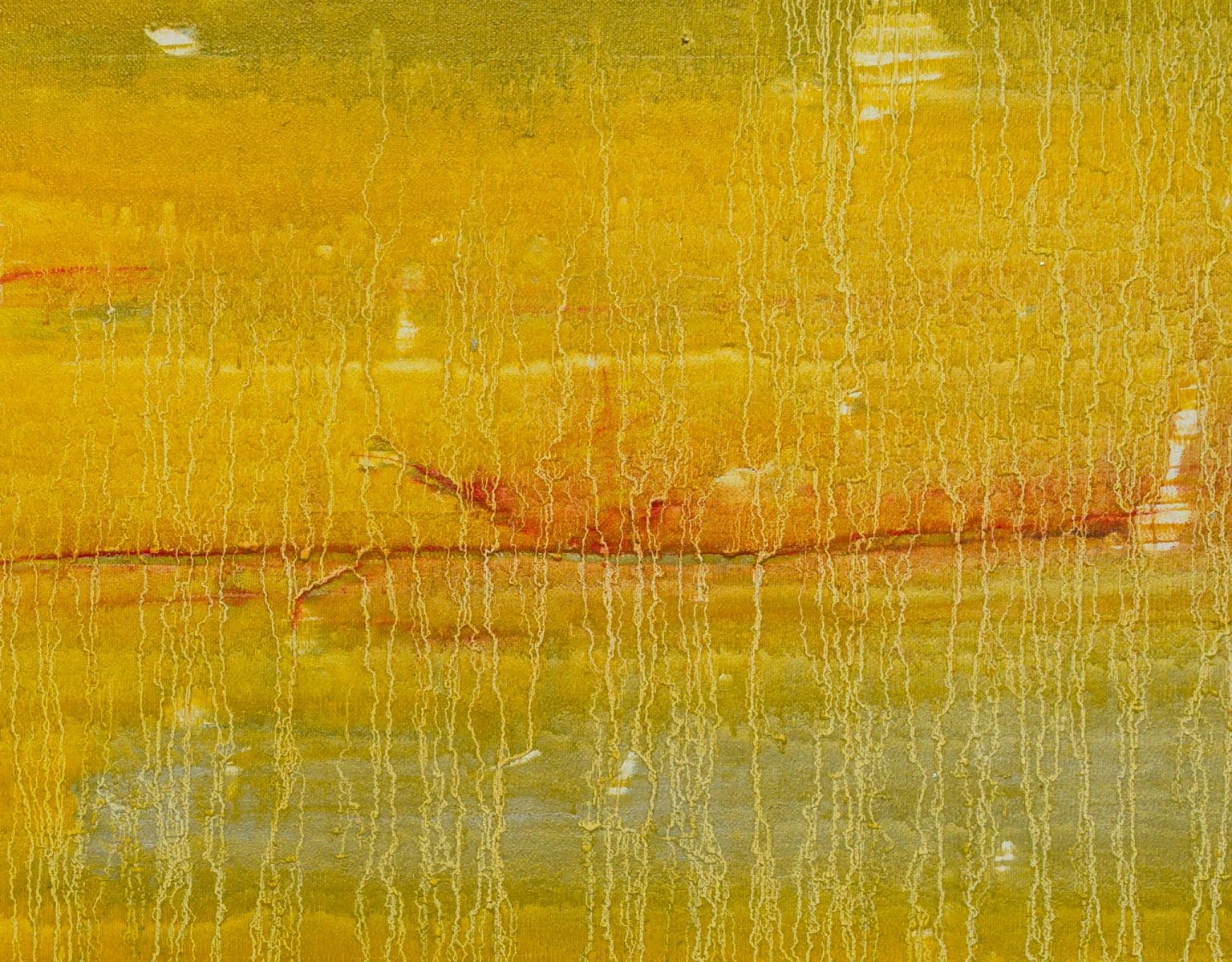He Stared Through the Rain-Soaked Window, detail of yellow and red surface with textured paint drips