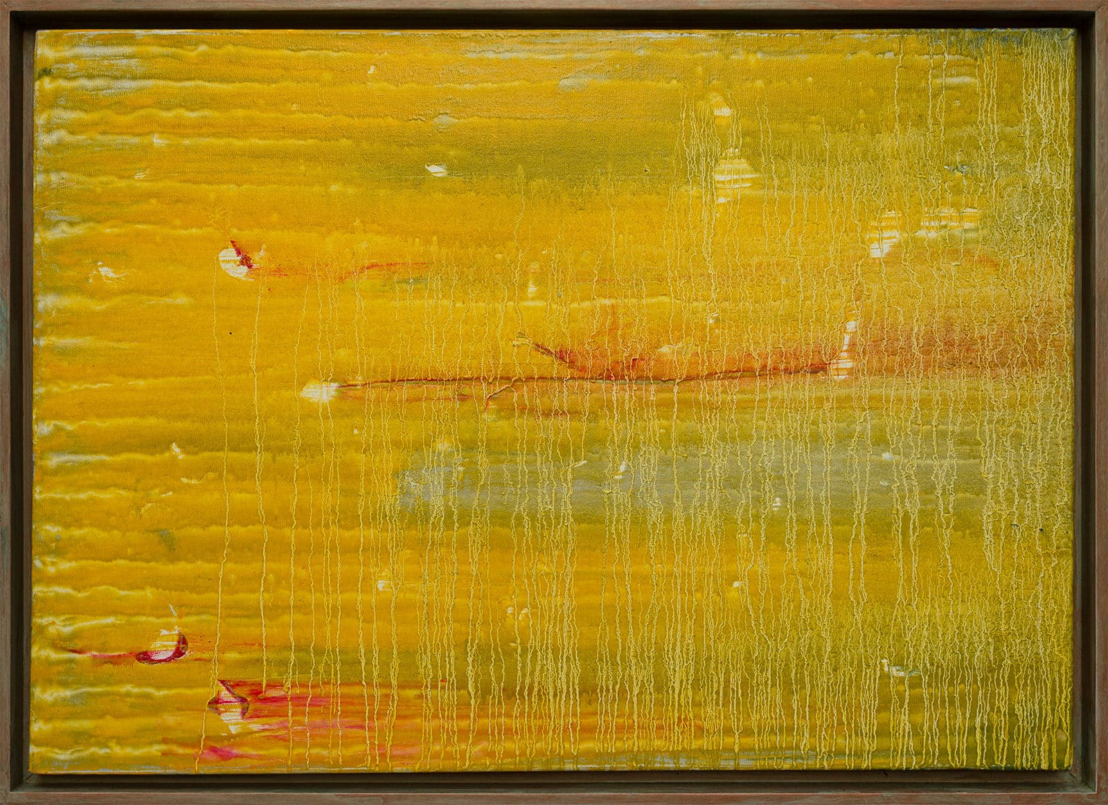 He Stared Through the Rain-Soaked Window, oil painting, yellow surface with streaked rain trails.