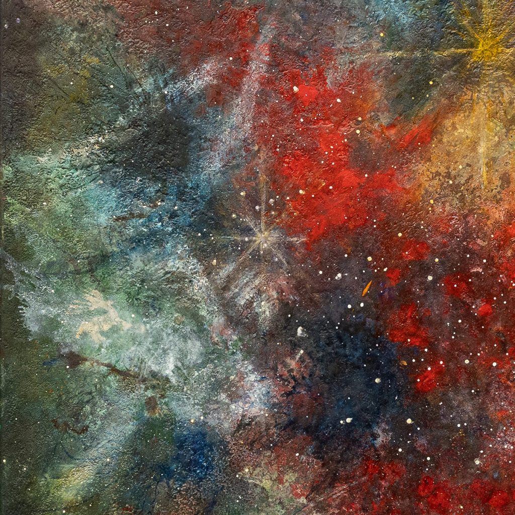 But the blink… — close-up showing cave-art bull and red nebula against green field.