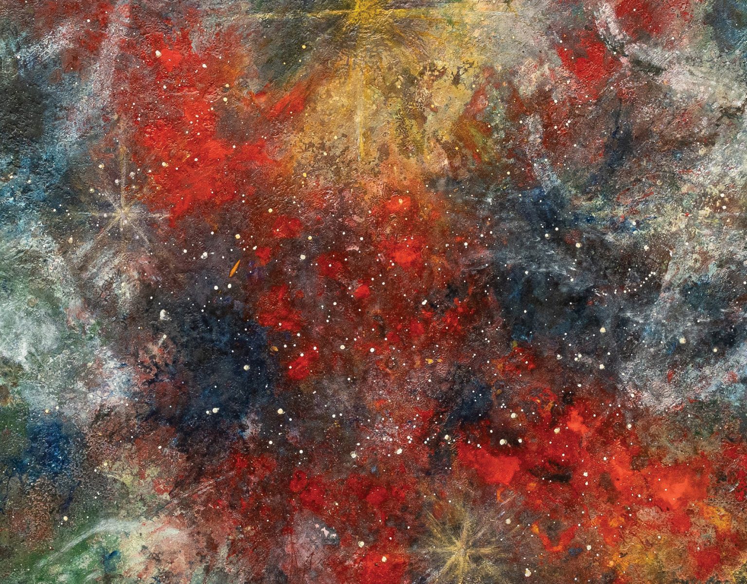 But the blink… – abstract oil painting with red nebula, yellow stars, and white bulls, framed in charred black wood.