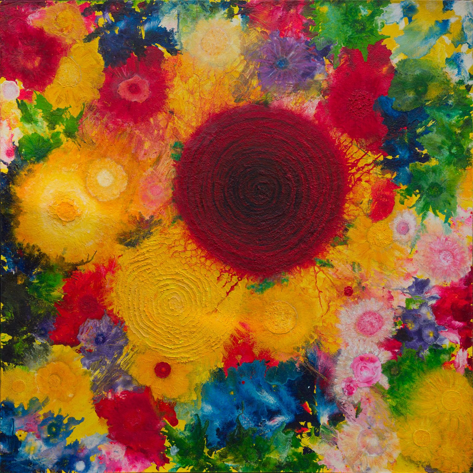 Full view of an abstract painting in vivid yellows, reds, greens, blues and pinks, dominated by a large deep-red concentric disc.