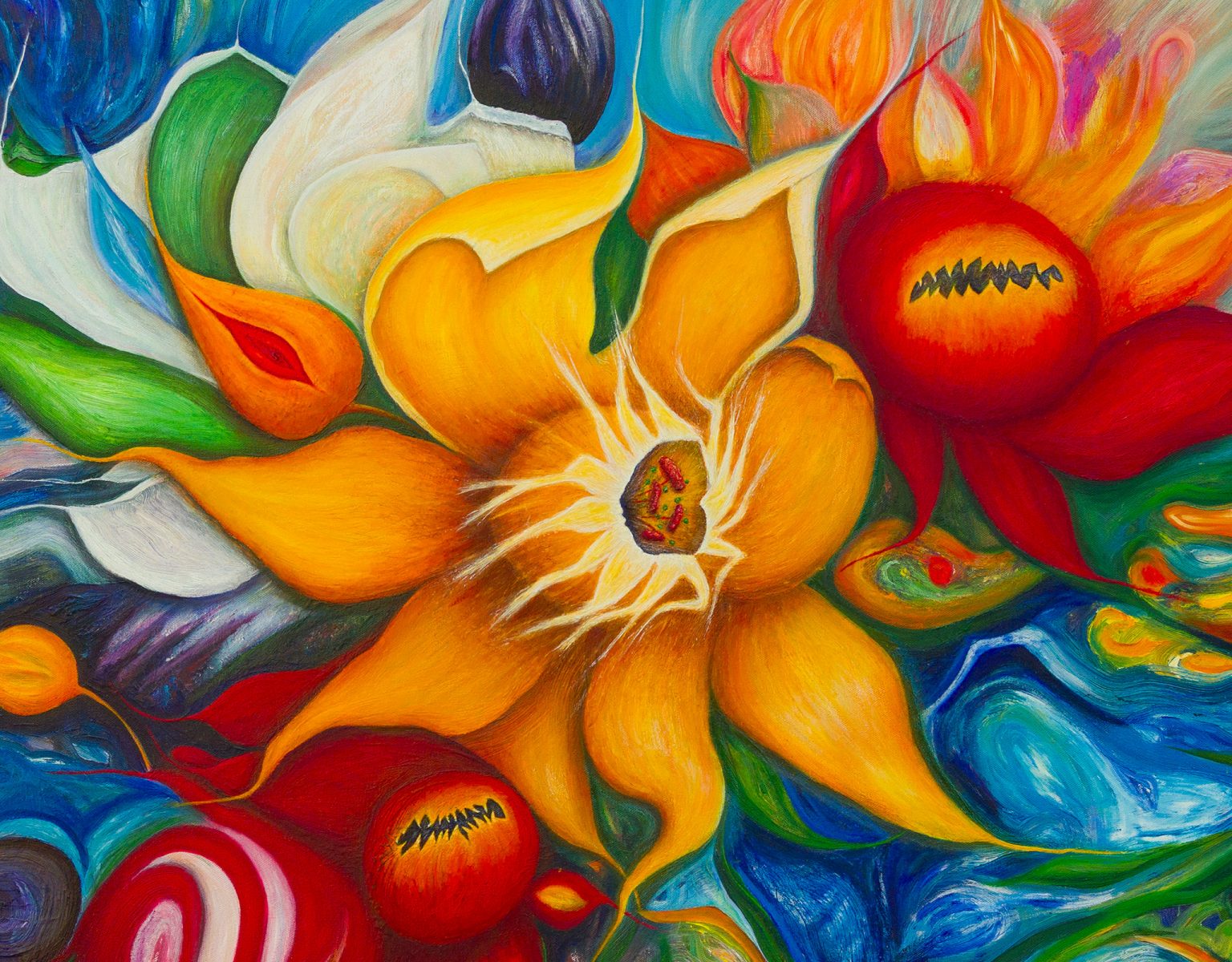 Detail of Responding to the Darkness Descending – Painting 3, showing the central orange flower and red carnivorous flower-like forms.