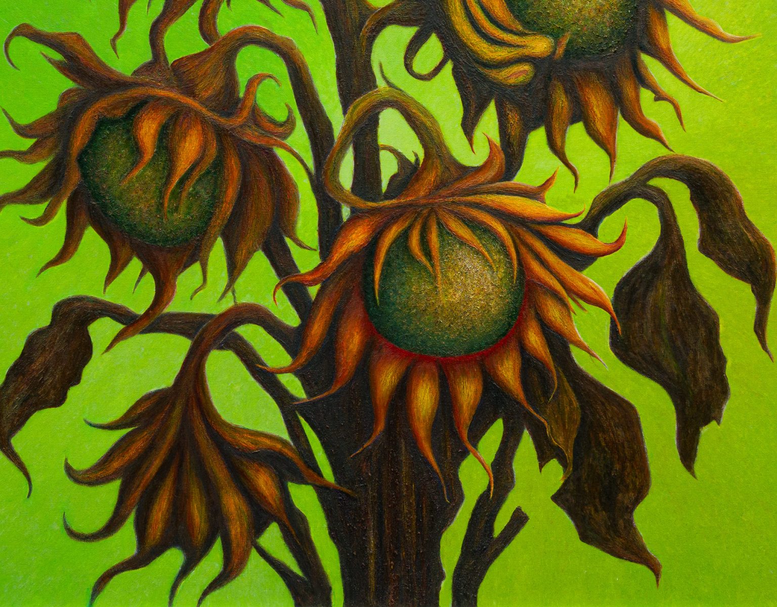 Detail of Responding to the Darkness Descending – Painting 4, showing dark wilting sunflowers and green seed heads against a vivid green background.